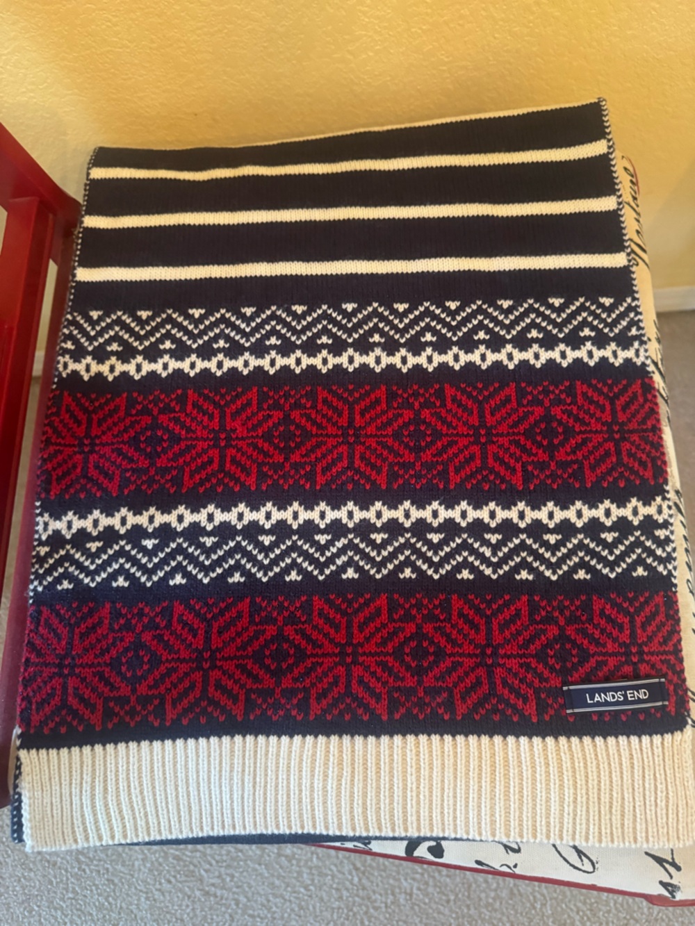 Beautiful Lands' End Fair Isle Scarf red, white, and navy blue stripes